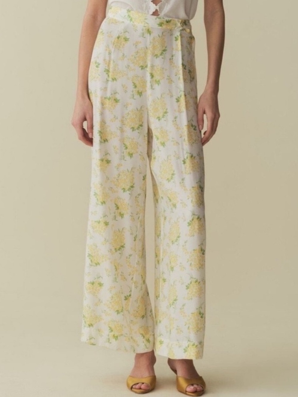 DÔEN Wide-Leg Silk Trousers in Yellow Floral on Cream